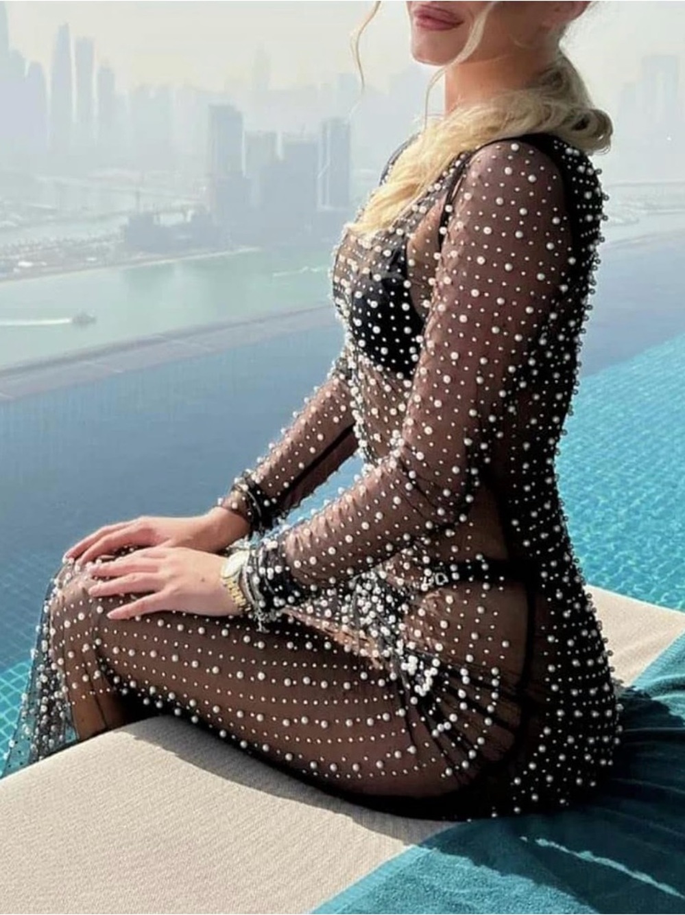 🎉New Shimmering beaded mesh swimsuit cover-up with radiant allure.